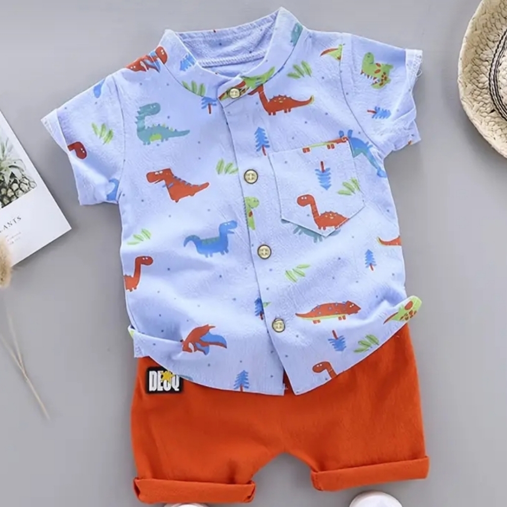 2pcs Baby Boys Dinosaur Print Button Short Sleeve Shirt & Shorts Set